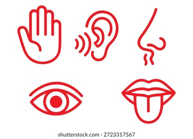 Ikonensatz der menschlichen Sinne. Augen sehen, Nase riechen, Ohr hören, Hand berühren, Mund mit Zunge schmecken. Einfache Liniensymbole in Schwarz. Fünf Sinne des menschlichen Nervensystems