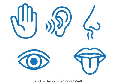 Ikonensatz der menschlichen Sinne. Augen sehen, Nase riechen, Ohr hören, Hand berühren, Mund mit Zunge schmecken. Einfache Liniensymbole in Schwarz. Fünf Sinne des menschlichen Nervensystems