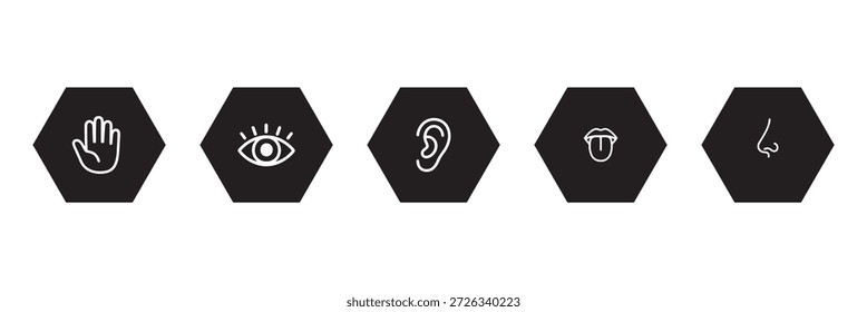 Human senses icon set. Vision eye, smell nose, hearing ear, touch hand, taste mouth with tongue. Simple line icons in black. Five senses of human nervous system