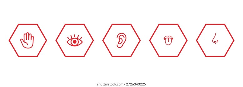 Human senses icon set. Vision eye, smell nose, hearing ear, touch hand, taste mouth with tongue. Simple line icons in black. Five senses of human nervous system
