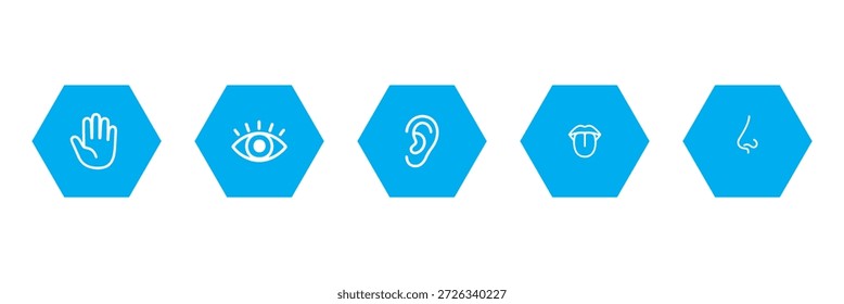 Human senses icon set. Vision eye, smell nose, hearing ear, touch hand, taste mouth with tongue. Simple line icons in black. Five senses of human nervous system