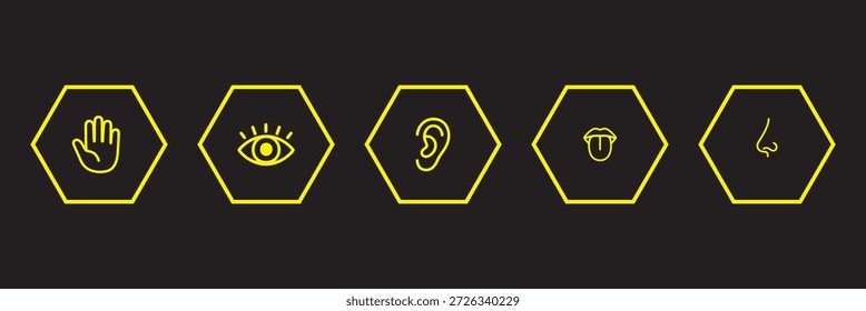 Human senses icon set. Vision eye, smell nose, hearing ear, touch hand, taste mouth with tongue. Simple line icons in black. Five senses of human nervous system