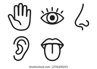 Human senses icon set. Vision eye, smell nose, hearing ear, touch hand, taste mouth with tongue. Simple line icons in black. Five senses of human nervous system