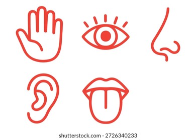 Human senses icon set. Vision eye, smell nose, hearing ear, touch hand, taste mouth with tongue. Simple line icons in black. Five senses of human nervous system