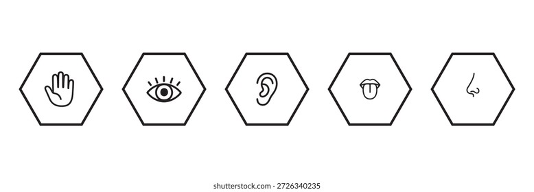 Human senses icon set. Vision eye, smell nose, hearing ear, touch hand, taste mouth with tongue. Simple line icons in black. Five senses of human nervous system