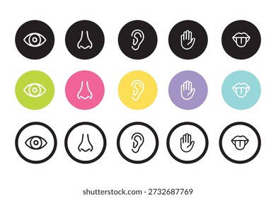 Conjunto de iconos de sentidos humanos. Ojo de la visión, nariz del olor, oído auditivo, mano del tacto, boca del gusto con la lengua. Iconos de línea simples y círculo negro. Cinco sentidos del sistema nervioso humano. Ilustración vectorial.