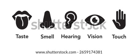 Human senses icon set. Vision eye, smell nose, hearing ear, touch hand, taste mouth with tongue. Five senses of human nervous system. Vector illustration.