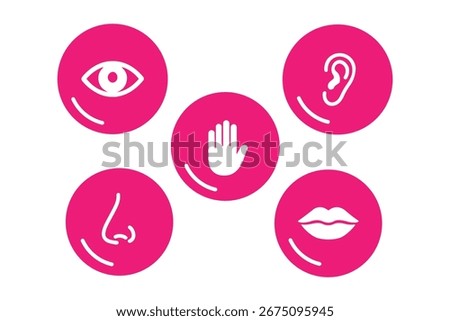 Human senses icon set. Vision eye, smell nose, hearing ear, touch hand, taste mouth with tongue. Simple line icons and black circle. Five senses of human nervous system