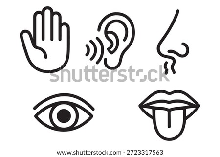 Human senses icon set. Vision eye, smell nose, hearing ear, touch hand, taste mouth with tongue. Simple line icons in black. Five senses of human nervous system