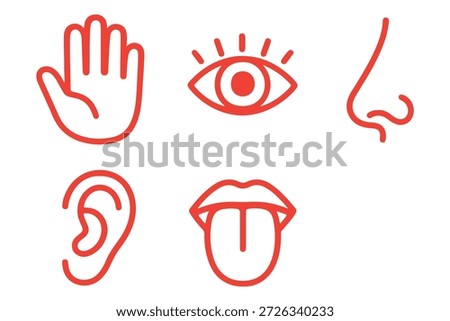 Human senses icon set. Vision eye, smell nose, hearing ear, touch hand, taste mouth with tongue. Simple line icons in black. Five senses of human nervous system