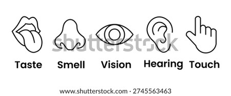 Human senses icon set. Vision eye, smell nose, hearing ear, touch hand, taste mouth with tongue. Simple line icons and black circle. Five senses of human nervous system. Vector illustration