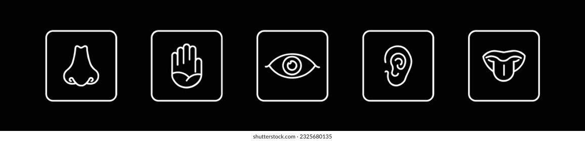 Icono de sentidos humanos.Conjunto de iconos de cinco sentidos humanos:ojo, nariz, oreja, mano, boca con concepto de ilustración de vector de lengua sobre fondo negro