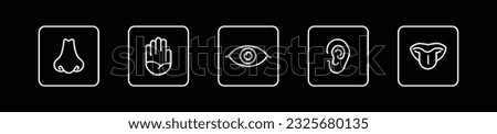 Human senses icon.Icon set of five human senses:eye, nose, ear, hand, mouth with tongue vector illustration  concept on black background