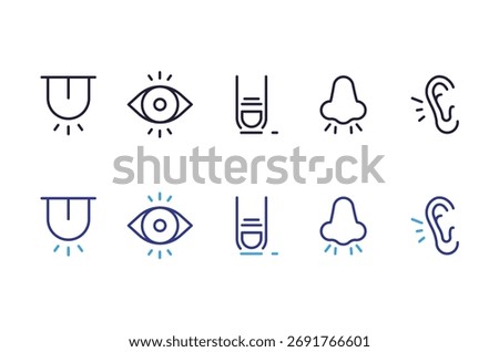 Human senses and perception icon set. Thin line editable stroke icons for sight, hearing, smell, taste, and touch. Representing sensory experience, human body perception, communication, and awareness