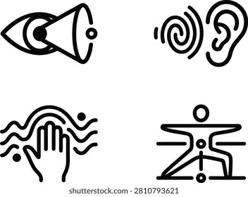 Human senses and perception line icon set, minimalist black outline symbols for vision, hearing sound waves, sensory touch feeling, and body balance