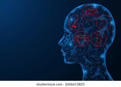 Human sensory organs. Low-poly design of interconnected lines and dots. Blue background.