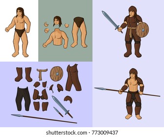 Human with set of leather armour: Vector cartoon man body parts and his leather armour and other equipment	
