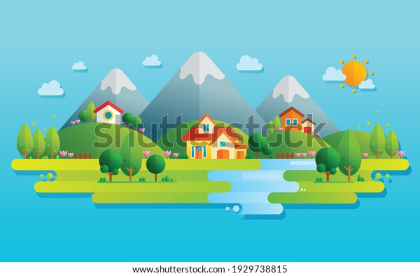 Human settlement in natural surroundings\
vector illustration