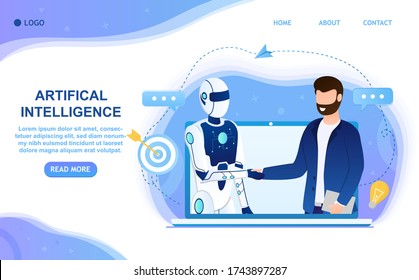 Human Shakes The Robot's Hand. Interaction With Artificial Intelligence. Partnership Between Man And Humanoid Robot. Meeting A Robot With A Man. Suitable For Landing Web And Printing Flat Vector