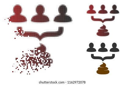 Human shit aggregator funnel icon in sparkle, dotted halftone and undamaged entire variants. Particles are arranged into vector dissipated human shit aggregator funnel icon.