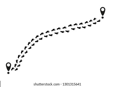 Human shoe shoe sole feet. People silhouette follow the vector of the pedestrian route.Of the legs go along the crosswalk from the point. vector illustration.