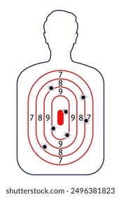 Objetivo de tiro humano. Tiroteo de armas de fuego y tiro con arco practicando la silueta del torso humano, competencia deportiva de francotiradores, entrenamiento de armas militares o policiales. Objetivo de Vector con secciones de puntuación