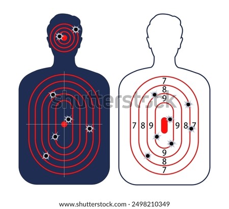 Human shoot target. Firearm and archery shooting range practicing human torso silhouette, sniping sport competition, military or police weapon training. Vector target with scoring sections