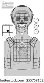 Human shoot target. Firearm shooting range practicing human torso silhouette, Firearms training target, human silhouette, skull, brain, heart, military or police weapon training vector