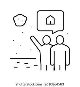 human showing space house in sky line icon vector. human showing space house in sky sign. isolated contour symbol black illustration