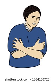 Human sick, ill or disease. Cartoon character demonstrating symptoms of freeze or chills. Flat vector illustration portrait. Element for design of infographic , guide, booklet, flyer or web site