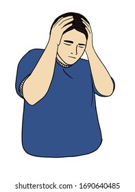 Human sick, ill or disease. Cartoon character demonstrate symptoms of headache. Flat vector illustration portrait. Element for design of infographic , guide, booklet, flyer or web site