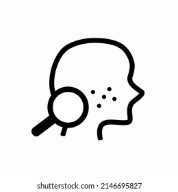 Human side head with pimple and Magnifier on face icon. Beauty, Facial Skincare, cleansing, inflammation problem, Dermatology Examination concepts. Flat Vector symbol isolated on white background.