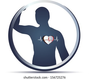 Human silhouette and abstract heart, cardiogram. Isolated on white.