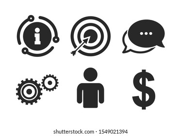 Human silhouette and aim targer with arrow signs. Chat, info sign. Business icons. Dollar currency and gear symbols. Classic style speech bubble icon. Vector