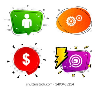 Human silhouette and aim target with arrow signs. Banner badges, various colors. Business icons. Dollar currency and gear symbols. Chat bubble vector shape. Gradient banner. Price tag. Vector