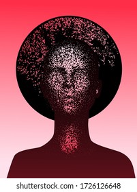 Human silhouette with black halo disk behind head. Creepy weird conceptual illustration about mental states and psychological issues.