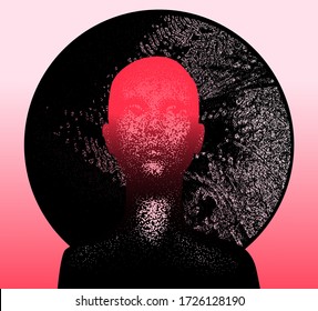 Human silhouette with black halo disk behind head. Creepy weird conceptual illustration about mental states and psychological issues.