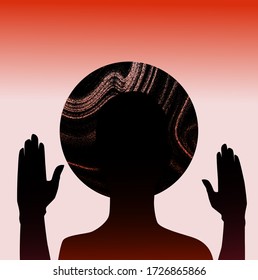 Human silhouette with black halo disk behind head and rised hands. Creepy weird conceptual illustration about cults, sects and other religious spiritual movements.