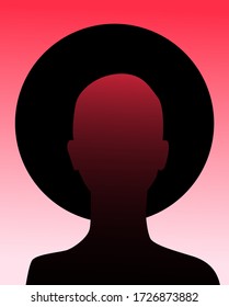 Human silhouette with black halo disk behind head. Creepy weird conceptual illustration about cults, sects and other religious spiritual movements.