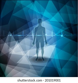 Human silhouette cardiology illustration. Beautiful blue geometric background.