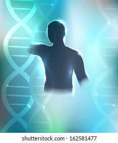 Human silhouette and DNA chains at the background. Health care design. Beautiful bright blue color.