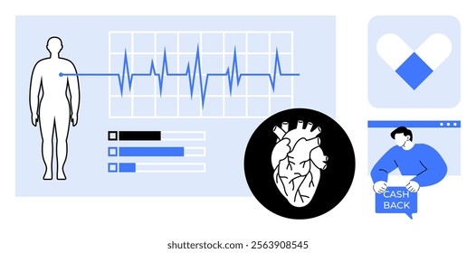 Human silhouette, EKG line, heart, and cashback element represent medical monitoring and financial incentives. Ideal for healthcare, wellness apps, cardiology, medical technology, and financial