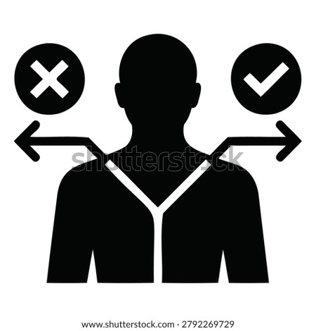 Human Silhouette Facing Diverging Arrows with Approved and Rejected Symbols