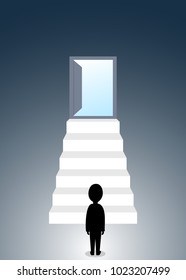 Human silhouette figure standing at the base of stair to open door in the sky