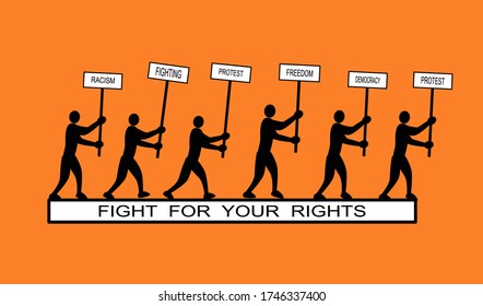 Icono de vector plano de la silueta humana caminando y sosteniendo placa de protesta y afiche aislados en el fondo naranja para diseño gráfico web móvil y de computadora