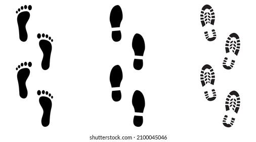 Human silhouette of footprints, set of vector icons isolated on white background. Print the soles of shoes, bare feet and sneakers. Tread, boots, sneakers. Barefoot print icon. Editable Stroke