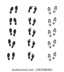 Human silhouette of footprints, set of vector icons isolated on white background. Print the soles of shoes, bare feet and sneakers. Tread, boots, sneakers. Barefoot print icon. Editable Stroke