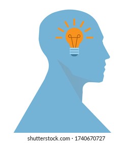 Human silhouette with glowing light bulb inside of head on white background, vector illustration