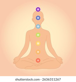 Human silhouette with glowing seven chakras on soft gradient background. Vector illustration