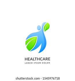 Human silhouette with green leaves, logo sign or emblem design template, isolated on white background. Abstract man and green plant vector icon. Concept for people health care, nature and environment